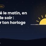 Illustration d'un matin endormi et d'une soirée animée reliés par une horloge, symbole d'un rythme décalé vers le soir