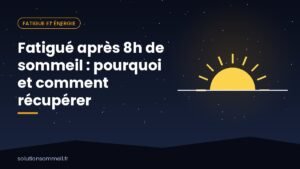 Personne fatiguée assise sur son lit au matin, avec une courbe de cycles de sommeil interrompue au-dessus d'elle