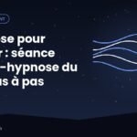 Illustration d'une personne allongée qui imagine un escalier de lumière descendant vers une plage paisible, symbolisant l'auto-hypnose pour dormir