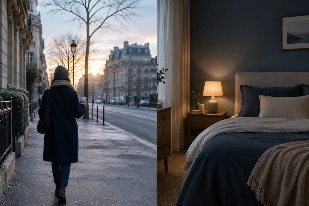 Luminothérapie gratuite : marcher dehors à la lumière du jour un matin d'hiver pour recaler son horloge interne