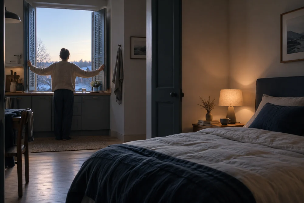 Simulateur d'aube et lumière du jour : personne de dos ouvrant les volets un matin d'hiver