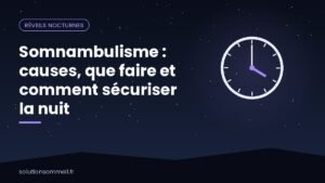 Couloir de maison la nuit avec une veilleuse et une barrière d'escalier, silhouette en pyjama vue de dos