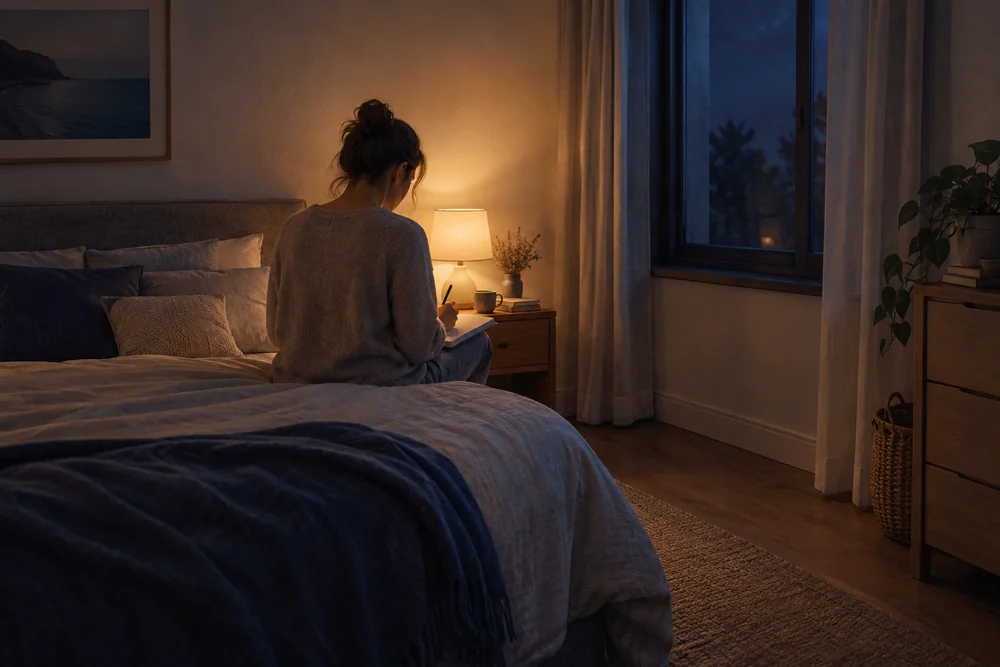 Terreurs nocturnes adulte : personne de dos notant ses pensées sur un carnet avant de dormir
