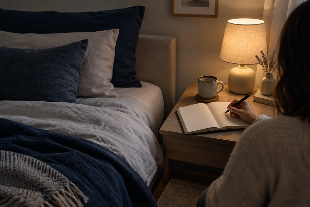 Troubles du sommeil : agenda du sommeil rempli au réveil sur une table de chevet